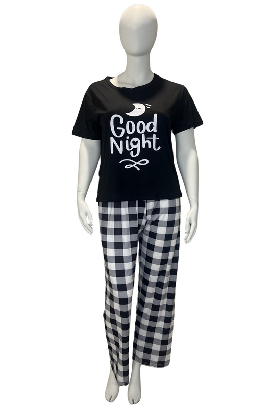 Plus Size Casual Pajama Pyjama Two Piece Set, Women's Plus Black Short Sleeve Tee & Long Check Pajama Pyjama 2 Piece Set