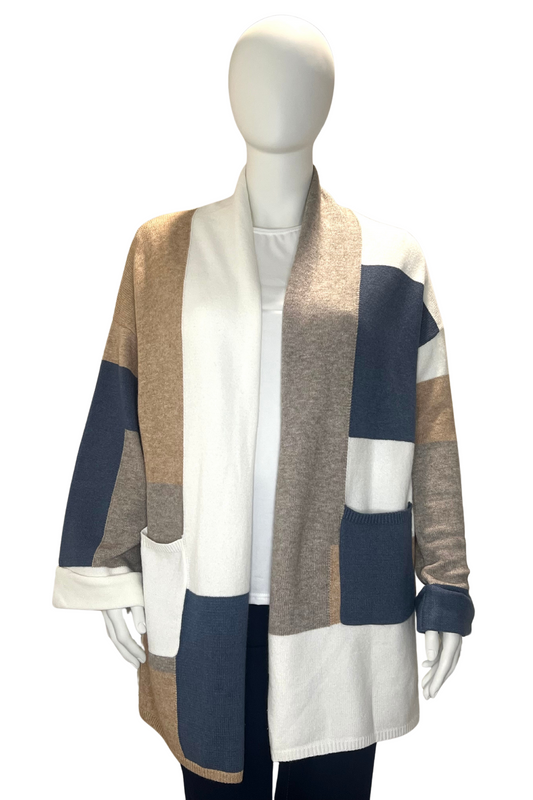 Blue Beige and White Colour Block Open Front Womens Plus Size Cardigan
