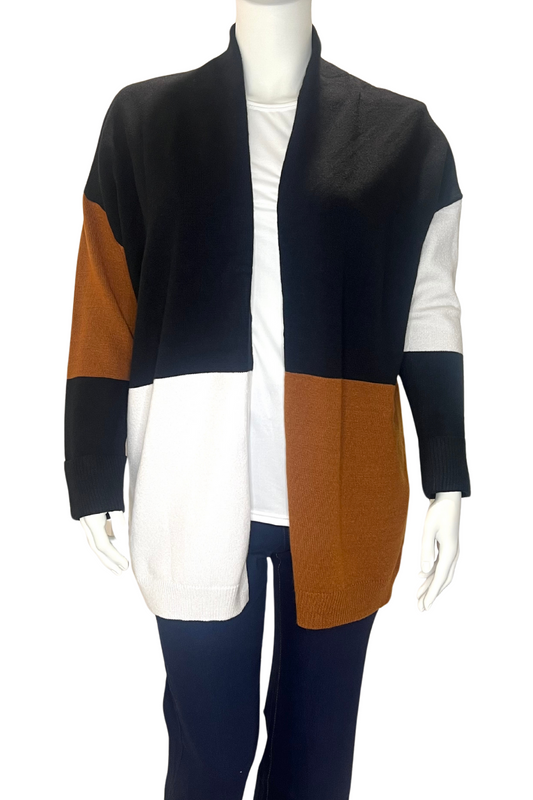 Brown Black and White Colour Block Open Front Womens Plus Size Cardigan