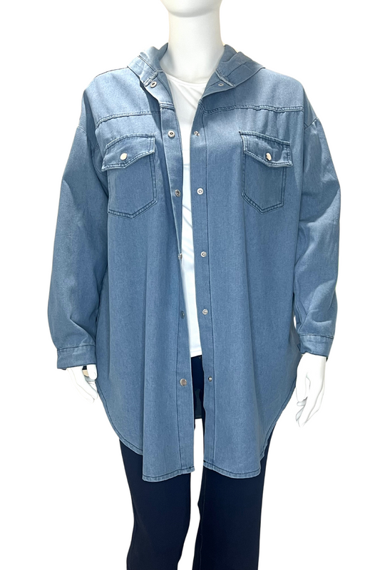 Plus Size Street Style Denim Jacket, Women's Plus Solid Long Sleeve Hooded Button Up Side Split Longline Denim Jacket With Flap Pockets