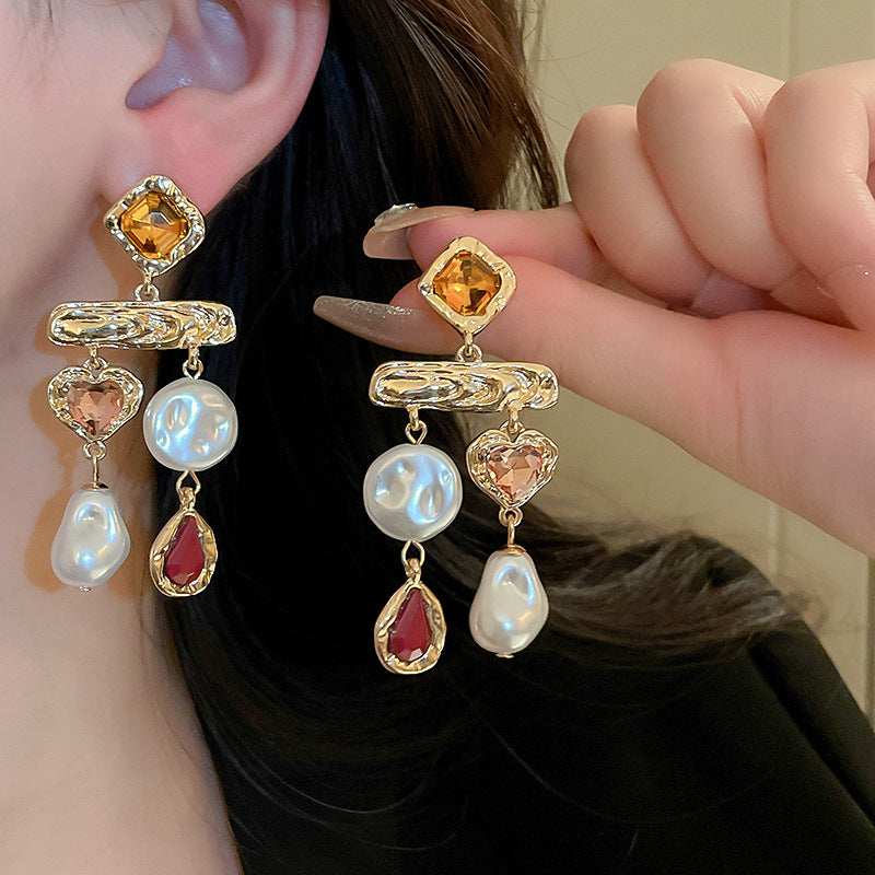 Gold Water Droplets Inlay Champagne Alloy Rhinestones & Pearl Drop Earrings Stud Earrings Fashion Earrings Statement Earrings