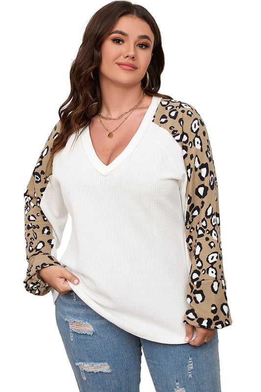 Plus Size Women's Leopard Print Waffle Jumper Long Sleeve Top