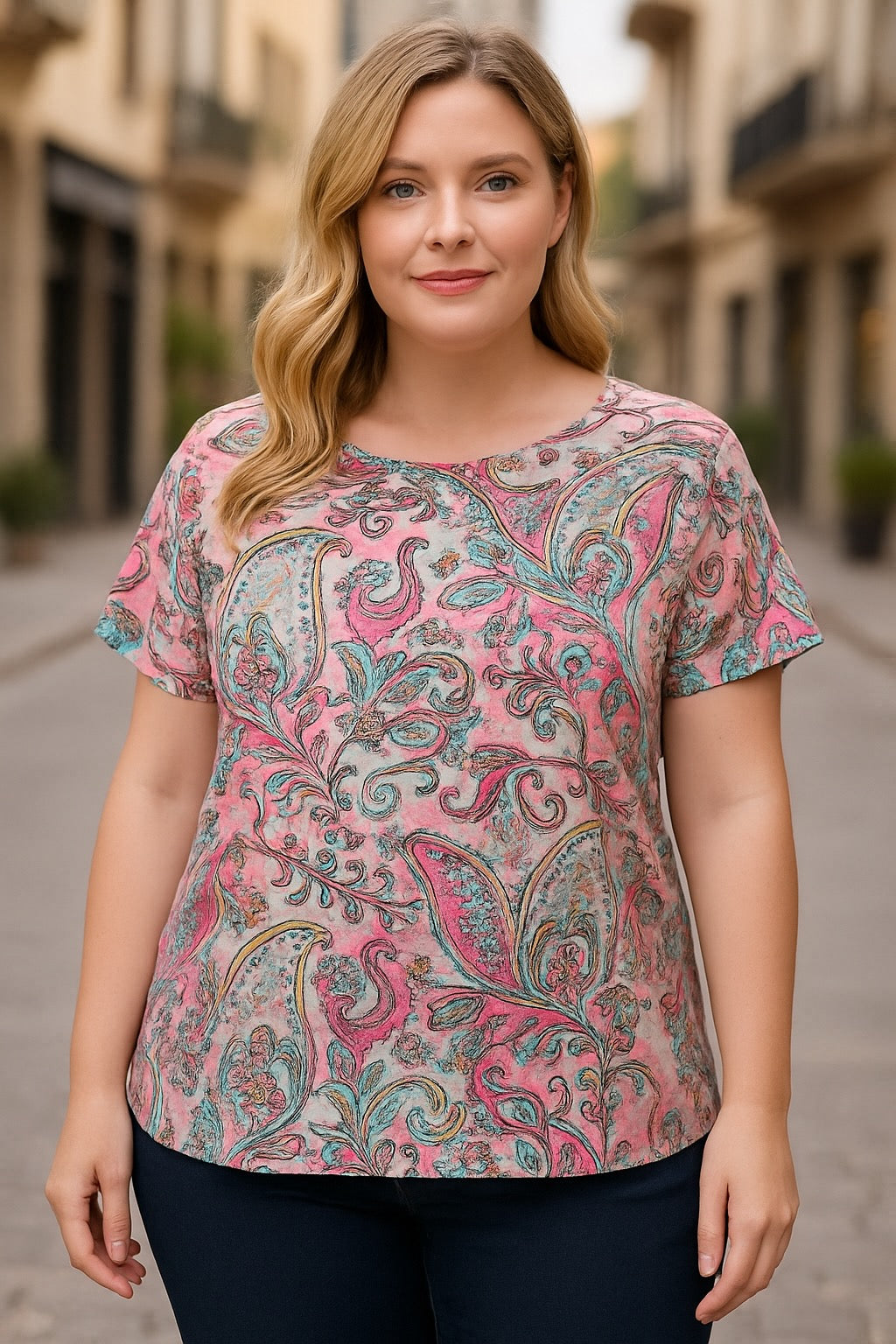 Plus Size Vibrant Paisley Print T-Shirt for Women – Casual Crew Neck Short Sleeve Top