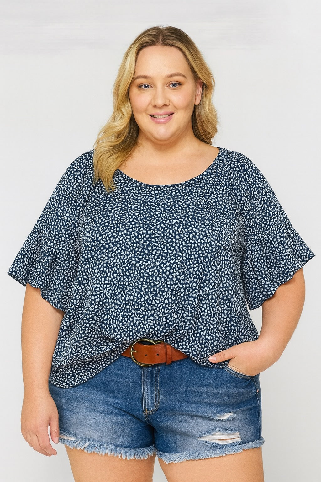Women’s Plus Size Blue Animal Print Loose Fit Blouse with Ruffled Sleeve Details (Copy) (Copy)