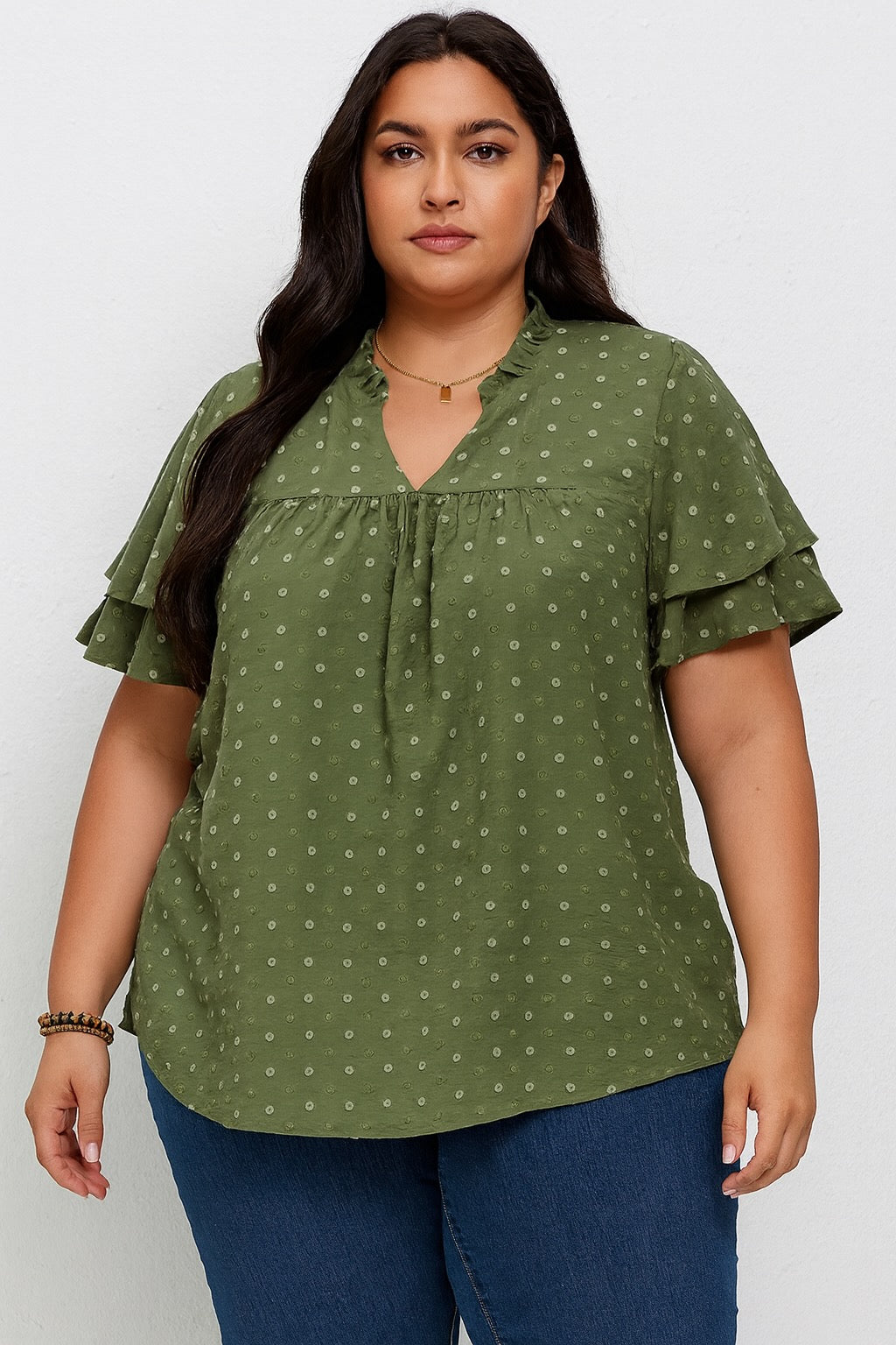 Stunning Olive Green Ruffle V-Neck Top – Plus Size Casual Woven Blouse for Women | Spring, Summer & Fall Style