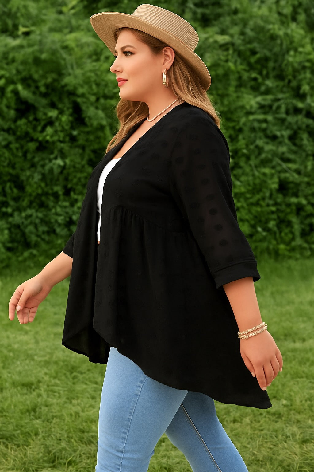 Plus Size Swiss Dot Kimono Lace Stitching 3/4 Sleeve Summer Open Front Top
