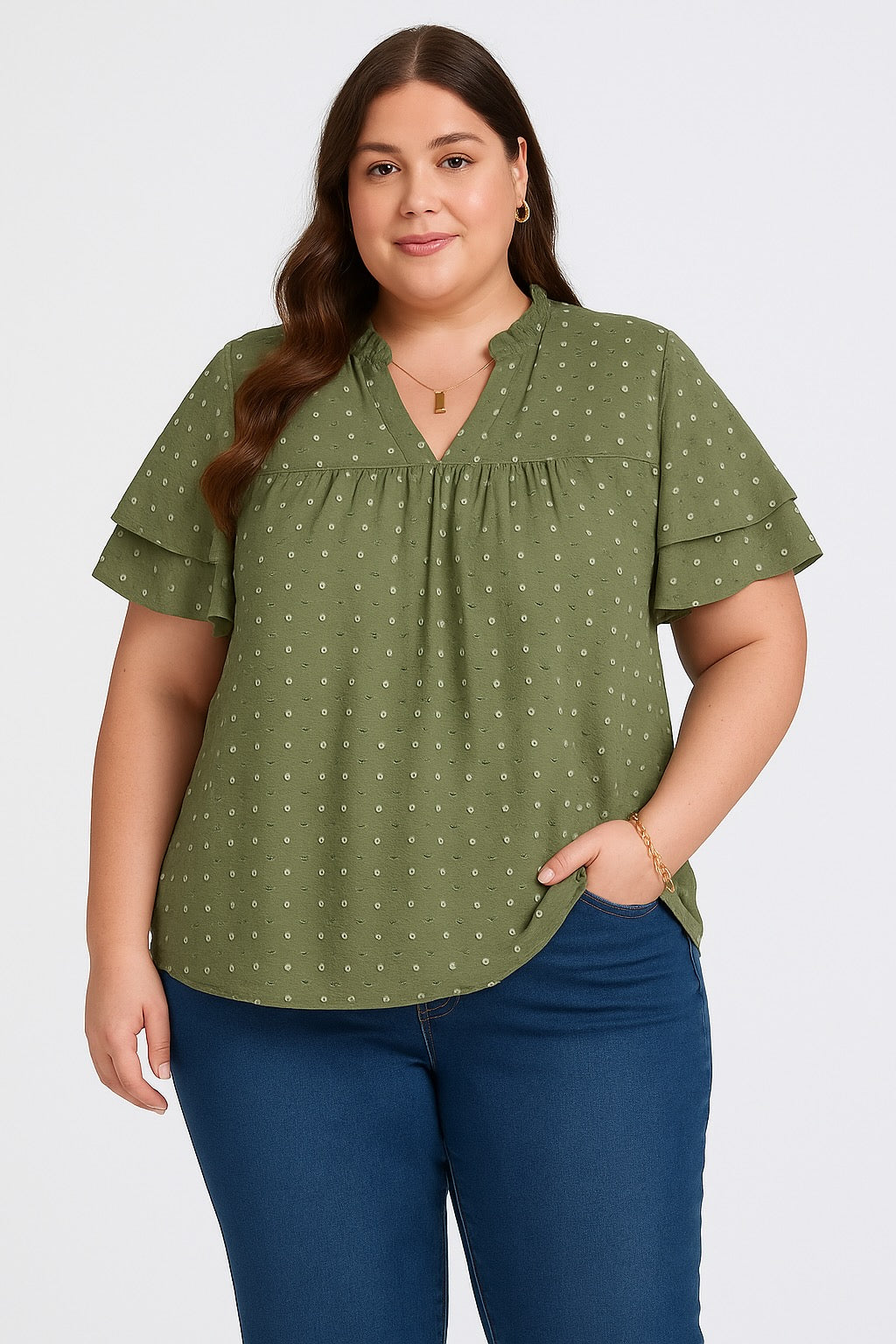 Stunning Olive Green Ruffle V-Neck Top – Plus Size Casual Woven Blouse for Women | Spring, Summer & Fall Style