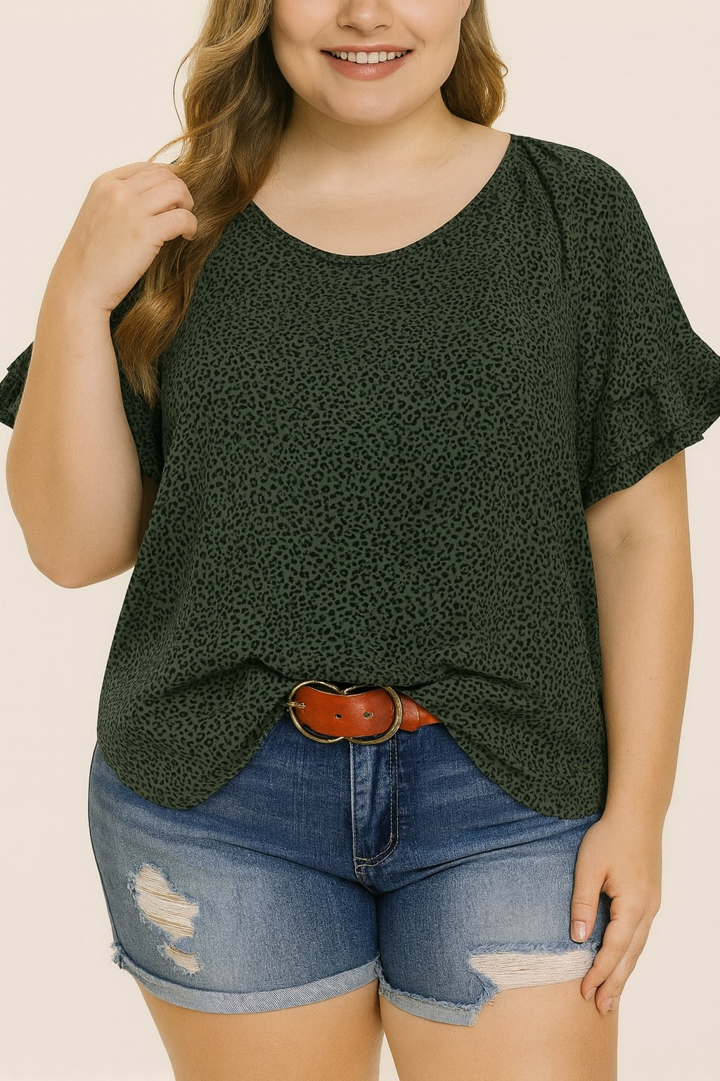 Women’s Plus Size Green Animal Print Loose Fit Blouse with Ruffled Sleeve Details