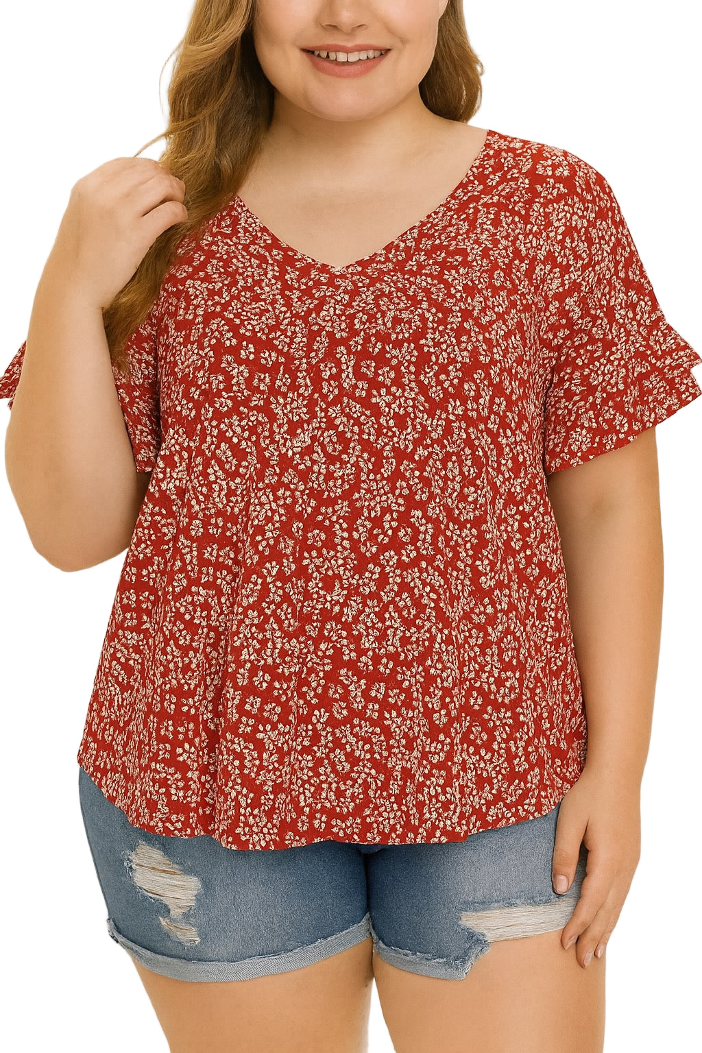 Women’s Plus Size Red Floral Loose Fit Blouse with Ruffled Sleeve Details