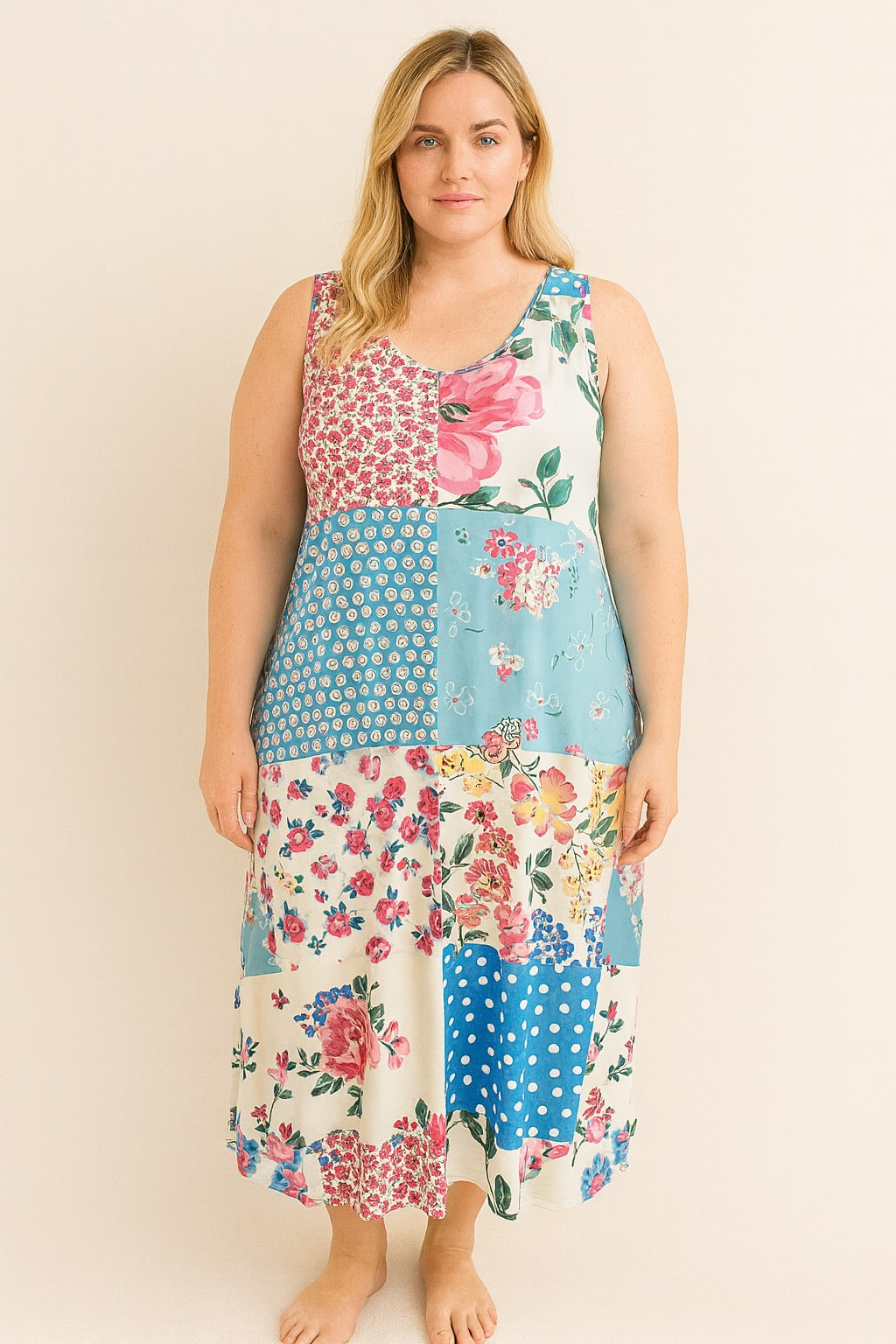 Plus Size Patchwork Floral Tank Dress – Sleeveless Longline Summer Vacation Style