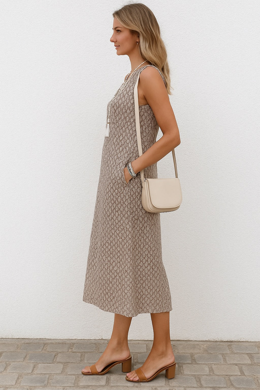 Women's Allover Print Sleeveless Midi Dress – Elegant Vacation Style Crew Neck Tank Dress, Loose Fit Summer Midi