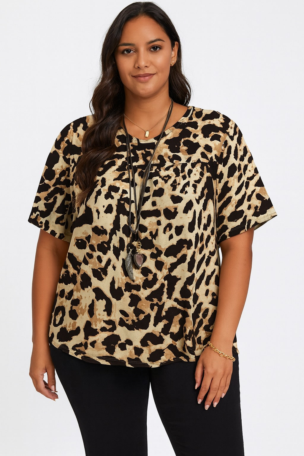 Lightweight Plus Size Leopard Print T-Shirt Crew Neck Short Sleeve Casual Top