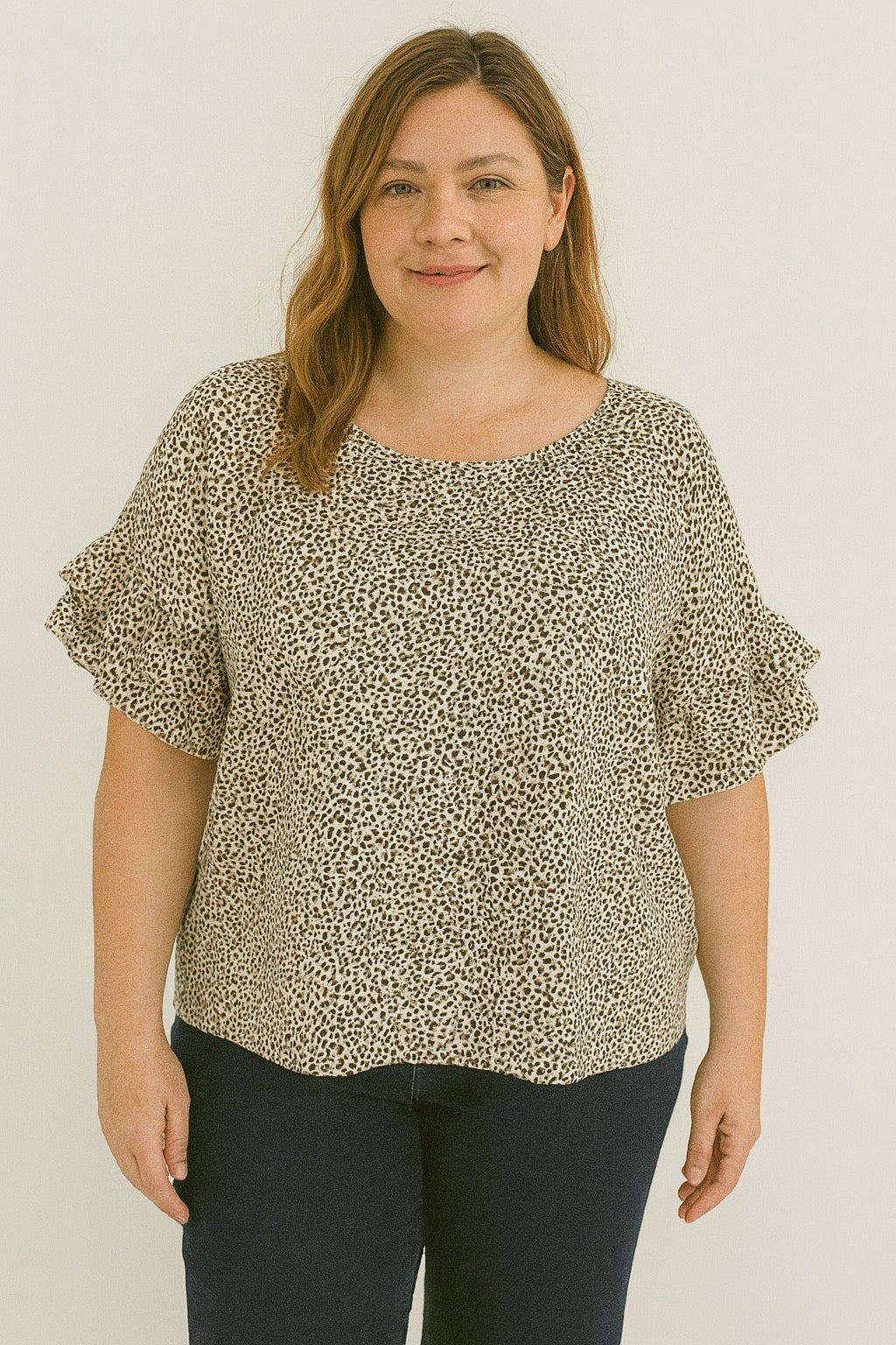 Women’s Plus Size Leopard Print Loose Fit Blouse with Ruffled Sleeve Details
