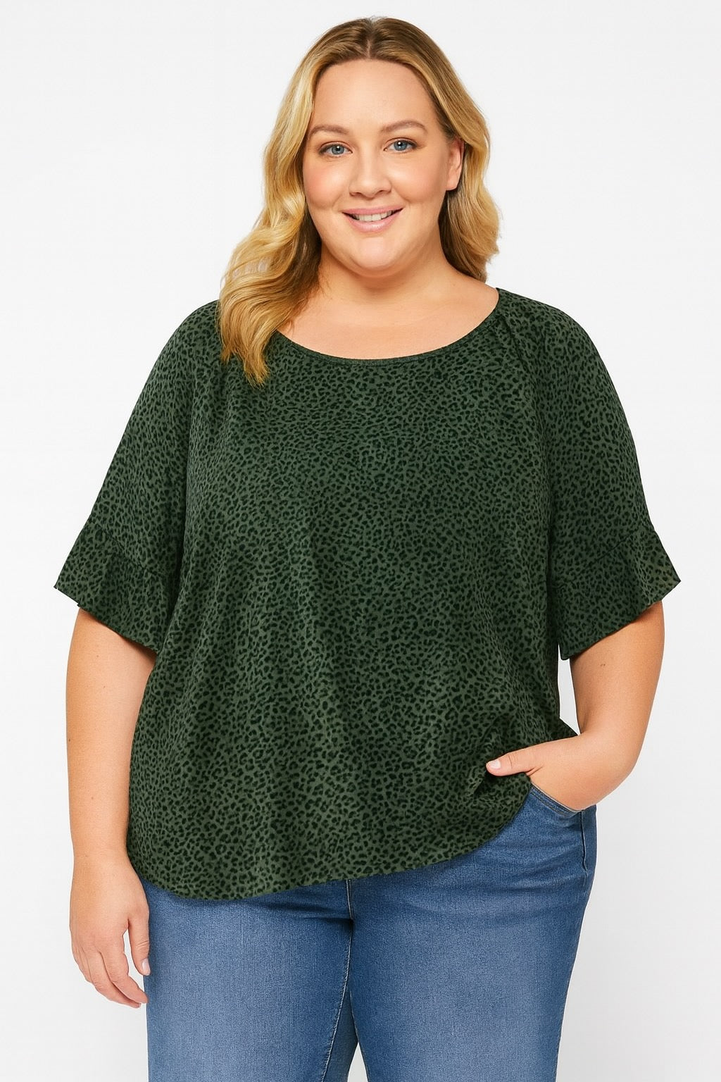 Women’s Plus Size Green Animal Print Loose Fit Blouse with Ruffled Sleeve Details