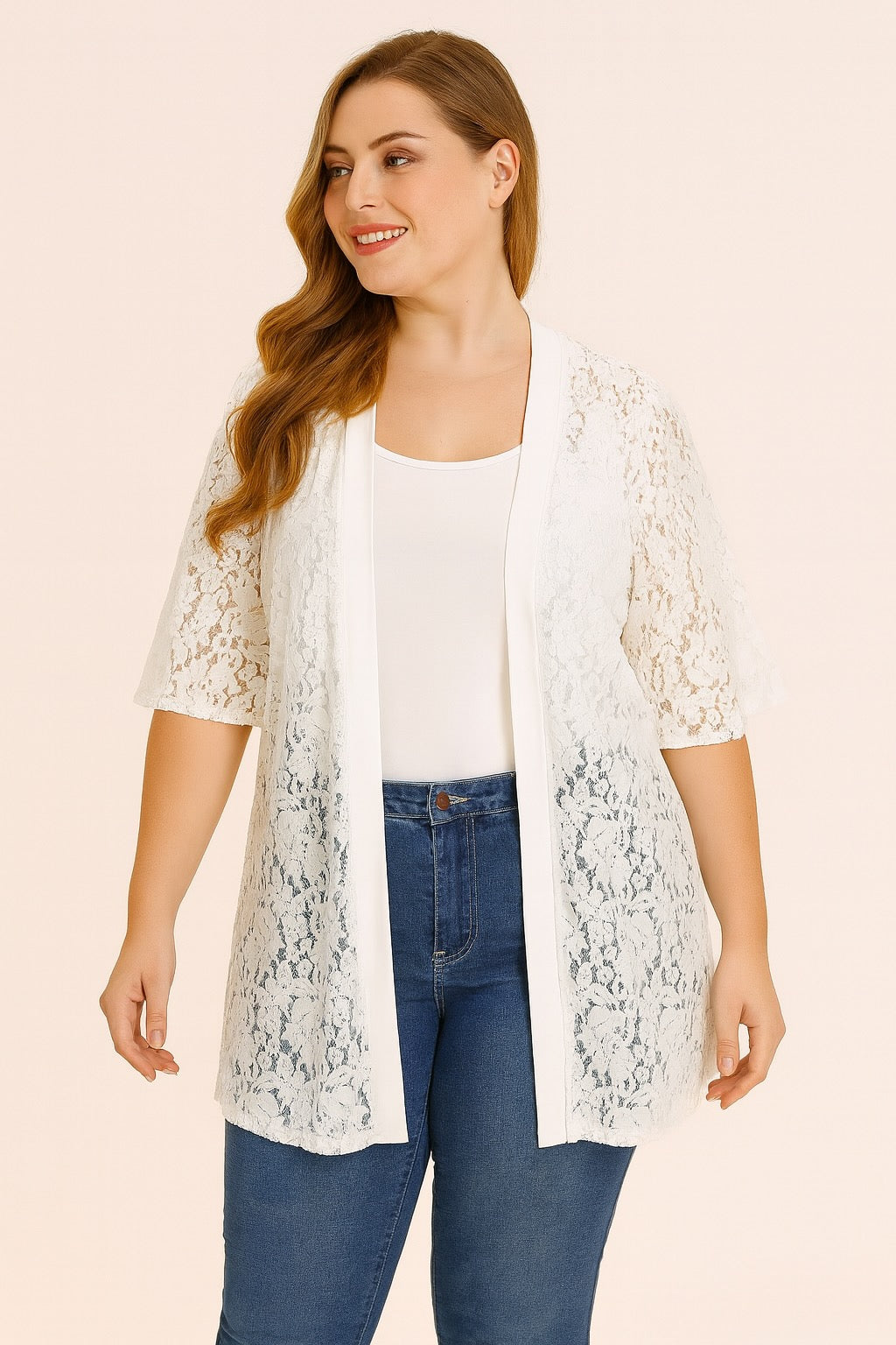 Plus Size Women's Elegant Lace Cardigan – Solid Color Open Front Knit with Lace Detail, Spring/Summer Fashion