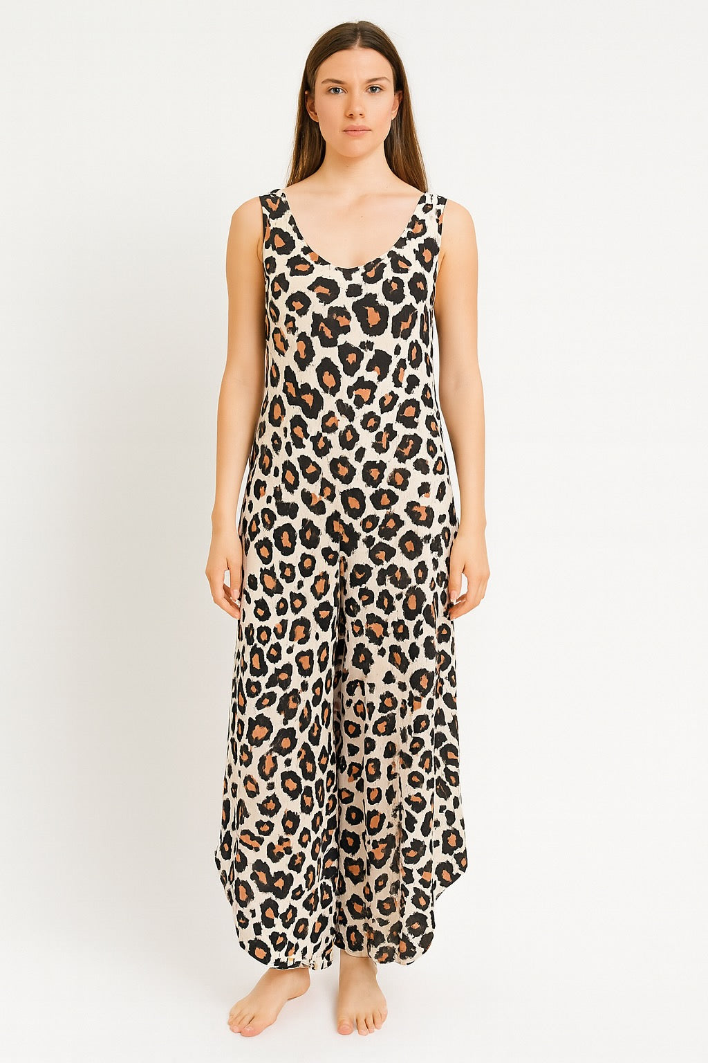 Women’s Leopard Print Midi Dress – Sleeveless Crew Neck Casual Summer Outfit