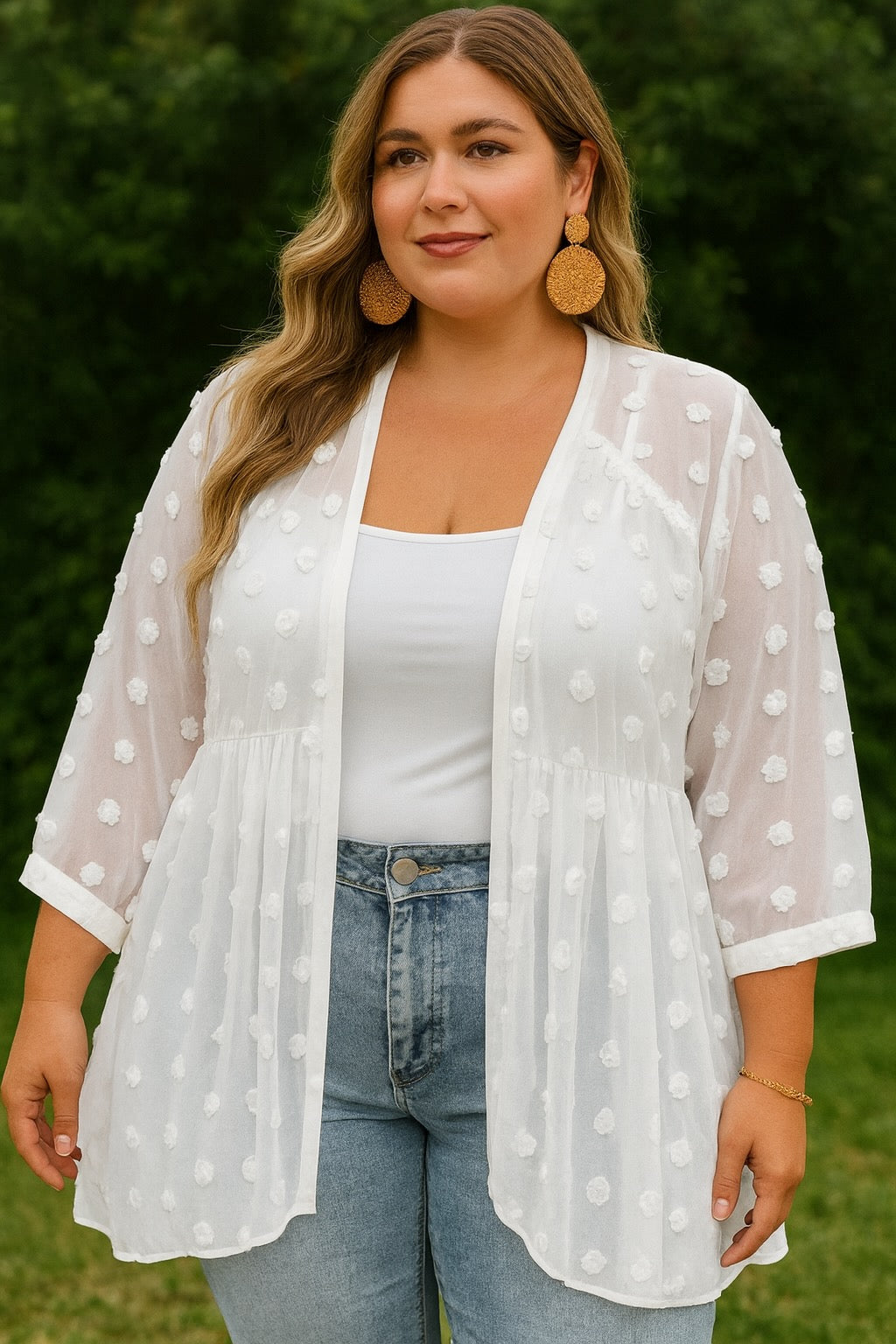 Plus Size Swiss Dot Kimono Lace Stitching 3/4 Sleeve Summer Open Front Top