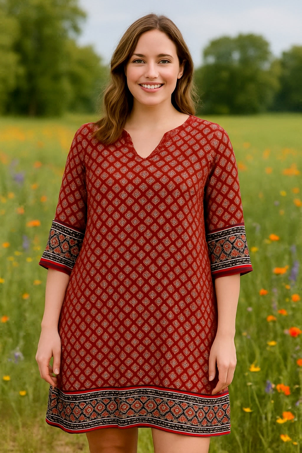 Plus Size Geometric Print V-Neck Dress – Ethnic Style Long Sleeve Tunic for Spring and Summer