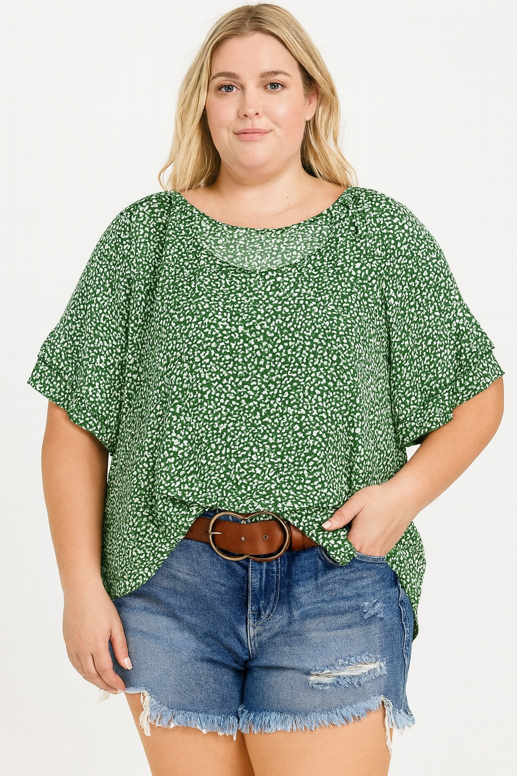 Women’s Plus Size Green Animal Print Loose Fit Blouse with Ruffled Sleeve Details