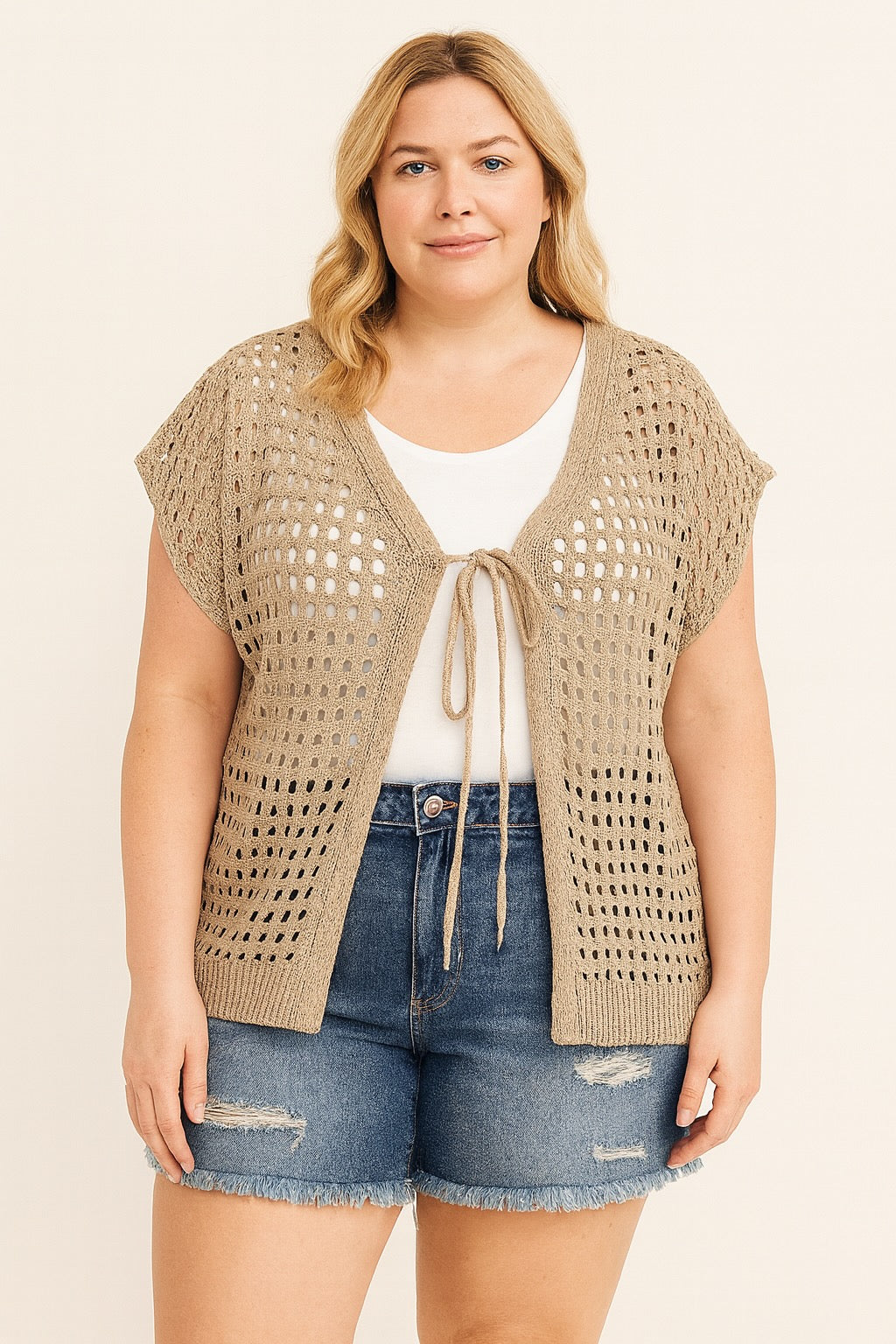 Women’s Small Size and Plus Size Cutout Knitted Cardigan Bolero – Elegant Hollow-Out Drawstring Knit Shrug | New Arrival Spring–Summer Fashion
