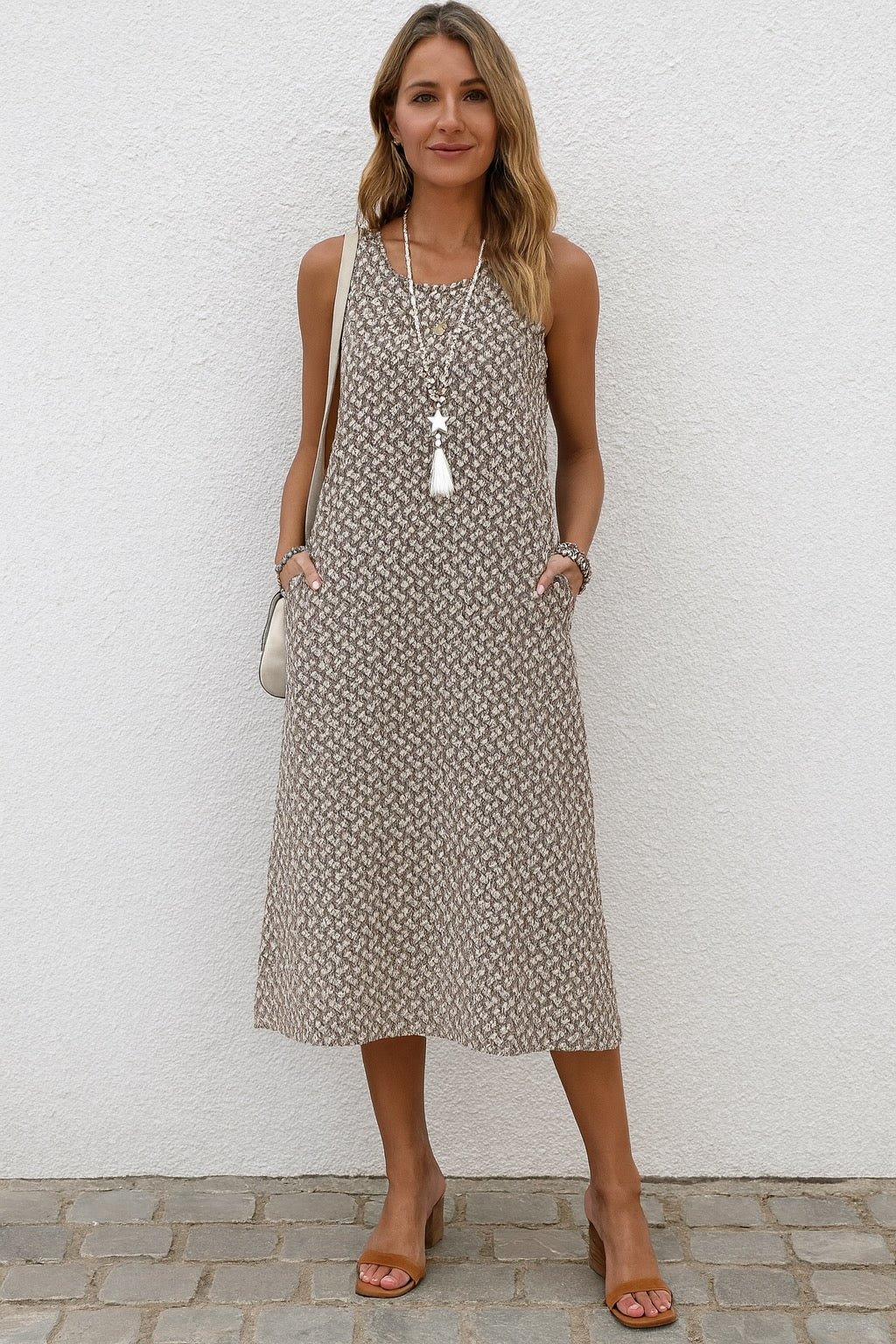 Women's Allover Print Sleeveless Midi Dress – Elegant Vacation Style Crew Neck Tank Dress, Loose Fit Summer Midi