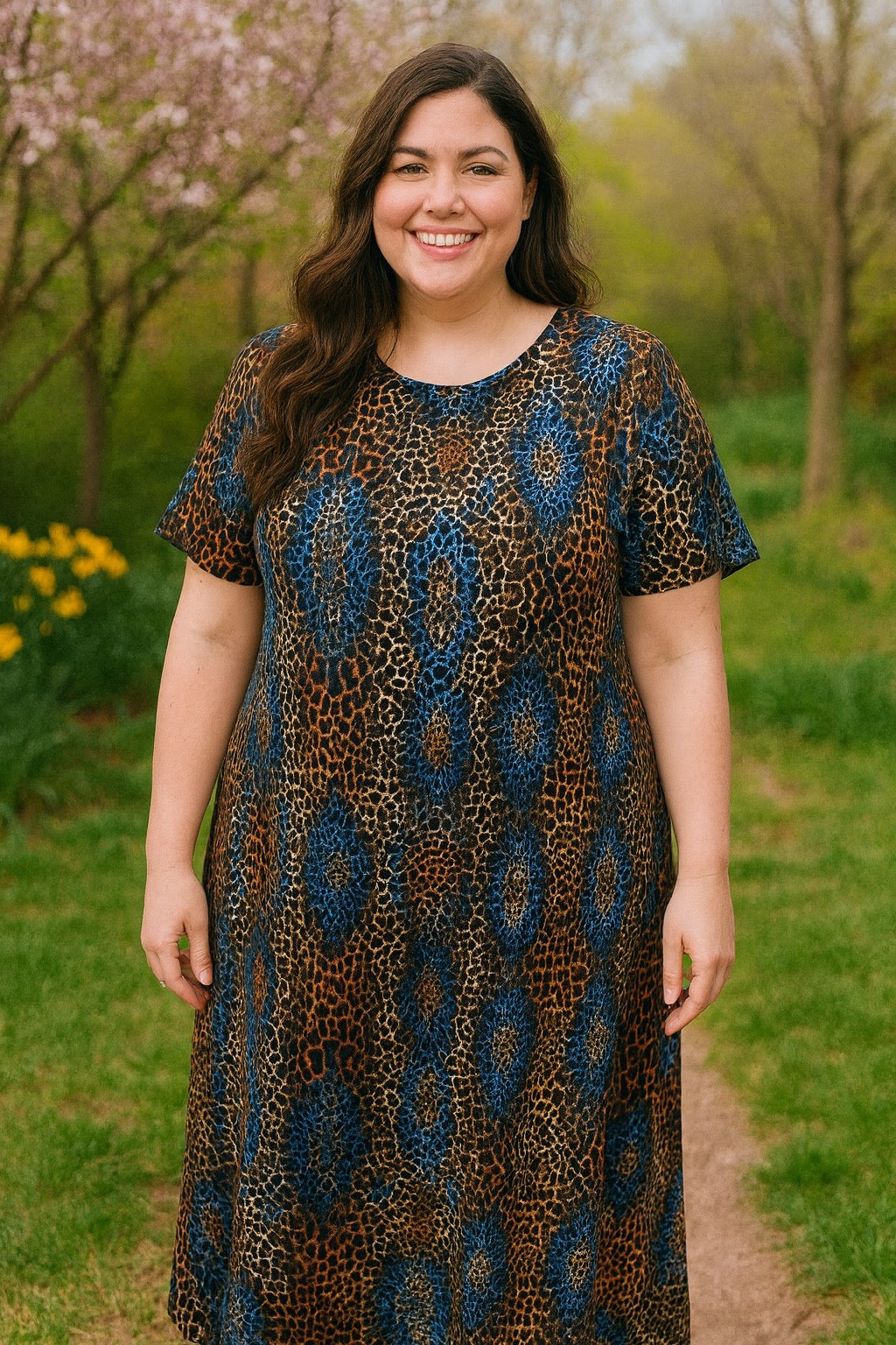 Shop the Spring/Summer Leopard Print Pocket Dress – casual tunic style with short sleeves, crew neck & pockets. Comfortable stretch knit for everyday wear