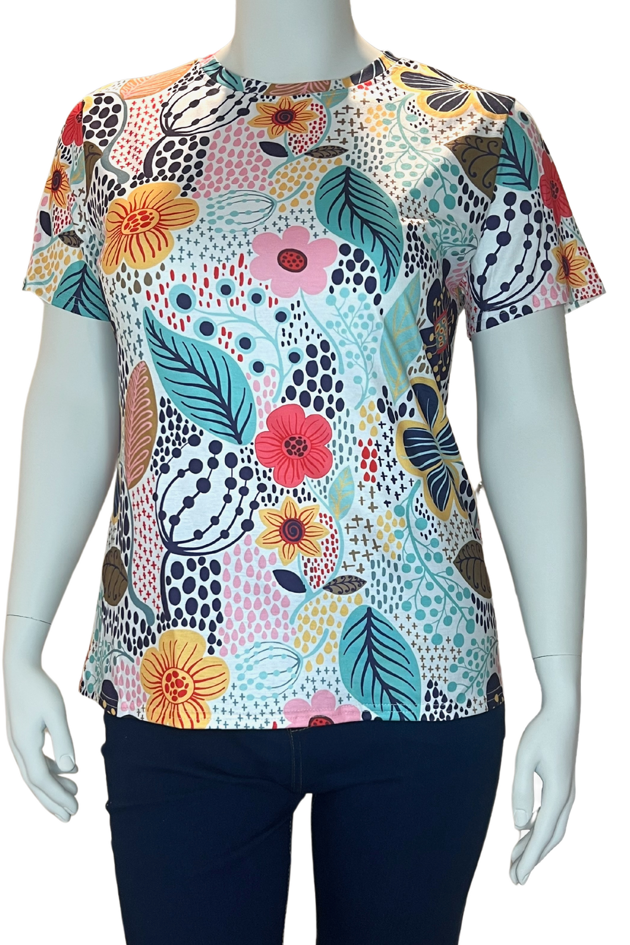 Stunning Floral Leaf Print Crew Neck Top, Short Sleeve Women's Top, Casual T-Shirt Plus Size Top