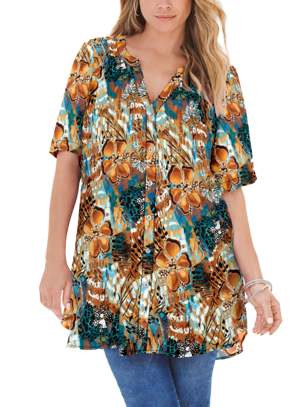 Green Orange Painted Flowers Short Sleeve Angelina Tunic