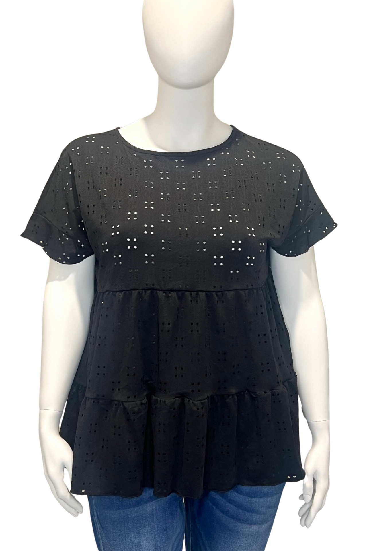 Plus Size Elegant Top, Women's Plus Plain Eyelet Embroidered Ruffle Trim Smock Top