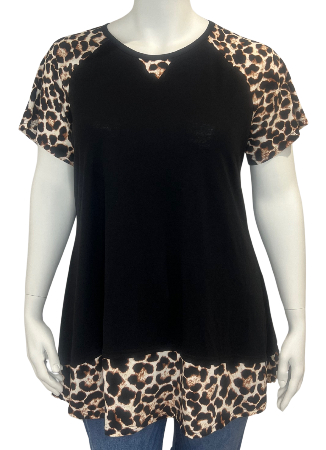 Black Plus Size Women's Top with Leopard Print Sleeves and Trim