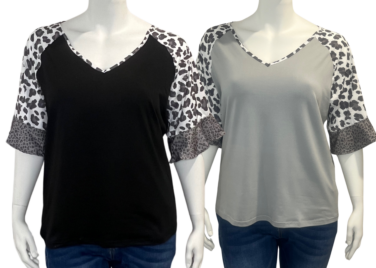Plus Size Casual T-shirt, Women's Plus Leopard Raglan Sleeve Ruffle Trim V Neck Slight Stretch T-shirt