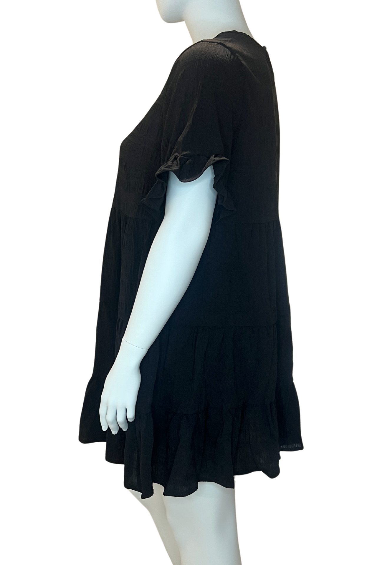 Black Short Sleeve Midi Length Tiered Ruffle Dress, Plus Size Dress, Boho Dress