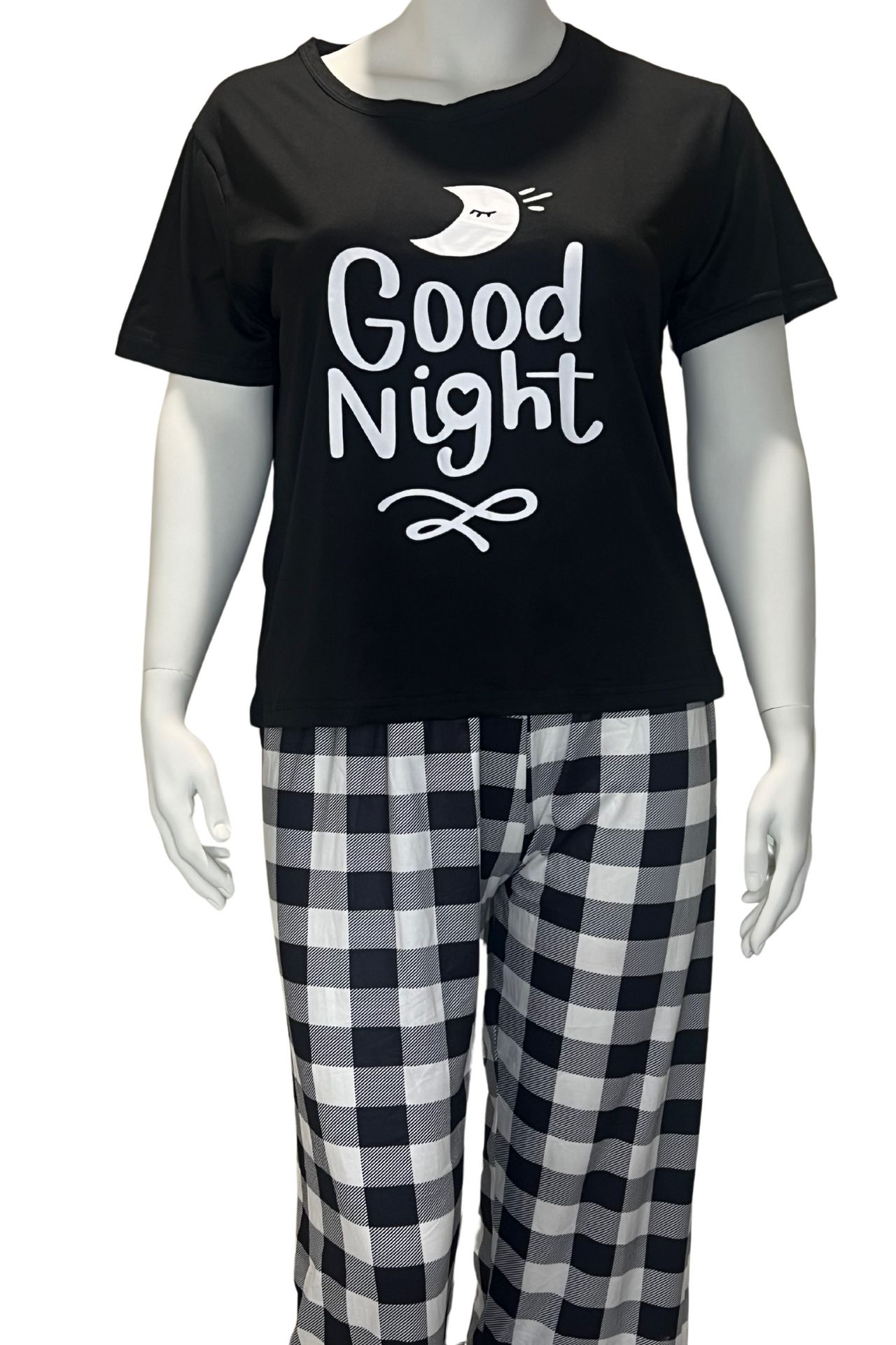 Plus Size Casual Pajama Pyjama Two Piece Set, Women's Plus Black Short Sleeve Tee & Long Check Pajama Pyjama 2 Piece Set
