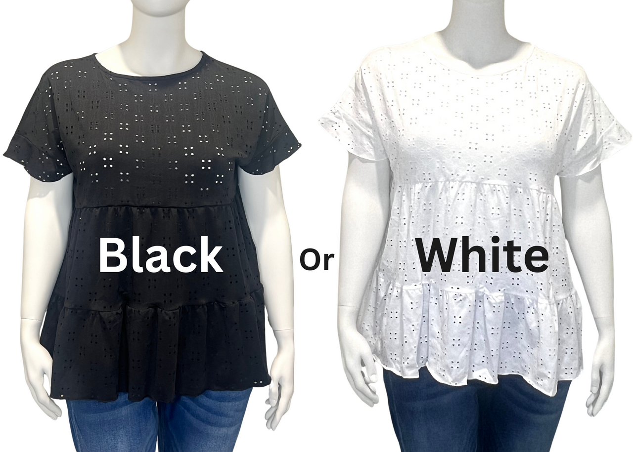 Plus Size Elegant Top, Women's Plus Plain Eyelet Embroidered Ruffle Trim Smock Top