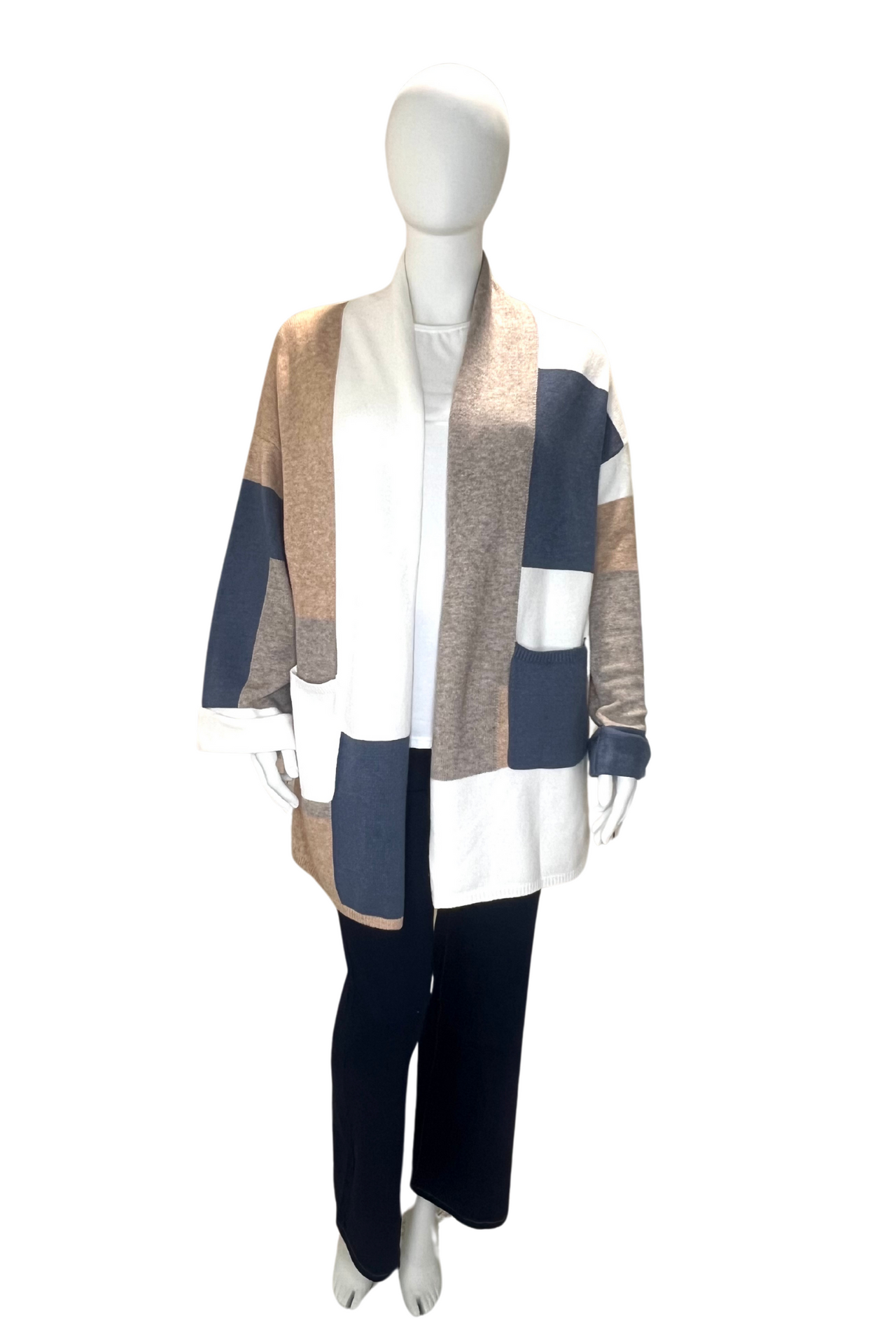 Blue Beige and White Colour Block Open Front Womens Plus Size Cardigan