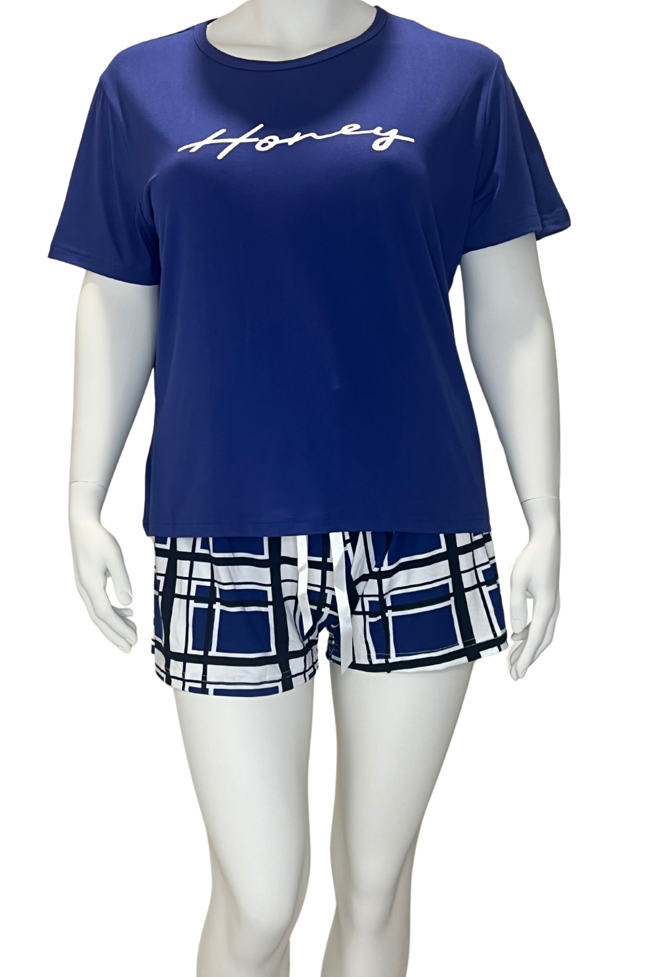 Plus Size Casual Pyjama Two Piece Set, Women's Plus Blue Plaid Print Short Sleeve Tee & Shorts Pajama Pyjama 2 Piece Set