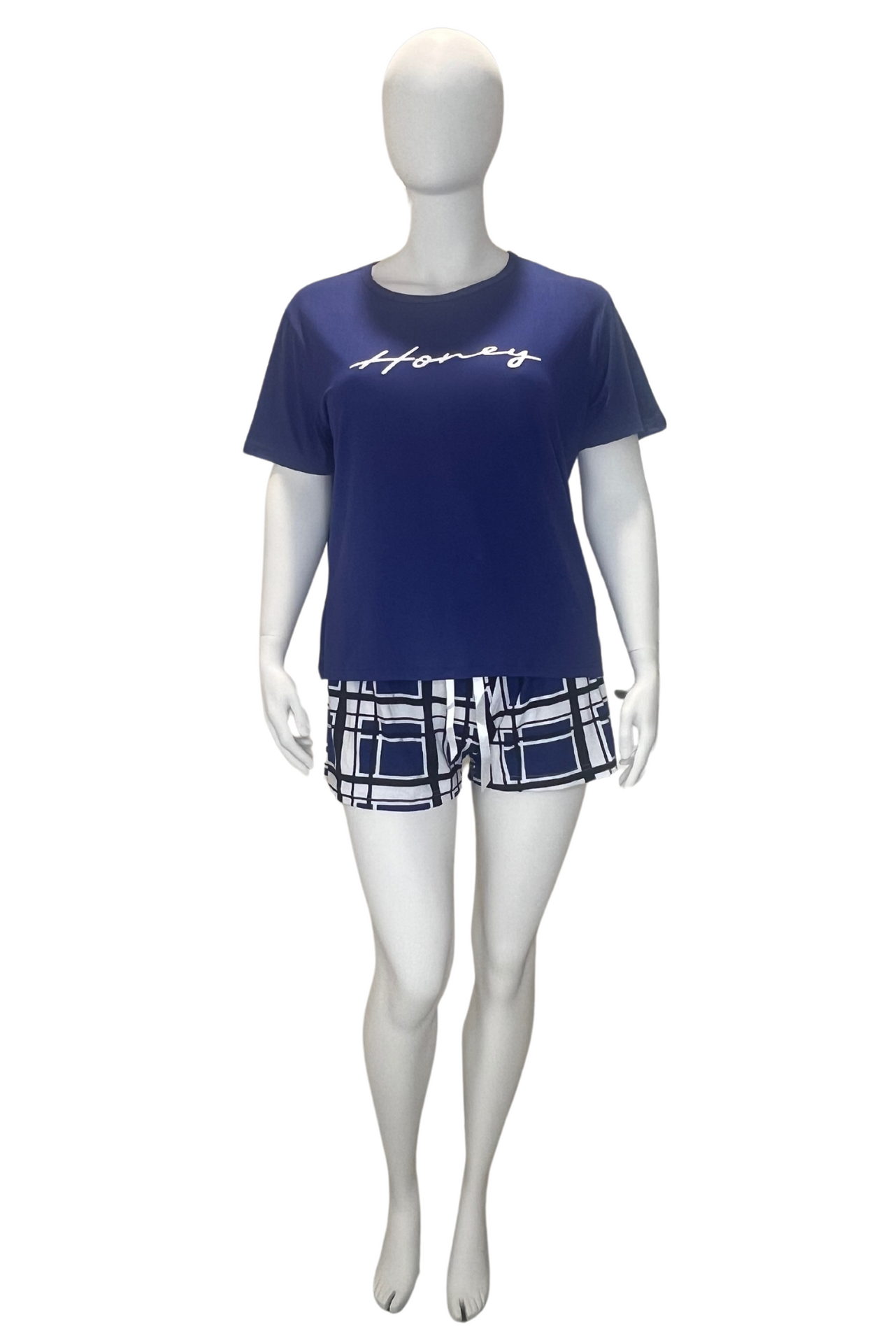 Plus Size Casual Pyjama Two Piece Set, Women's Plus Blue Plaid Print Short Sleeve Tee & Shorts Pajama Pyjama 2 Piece Set