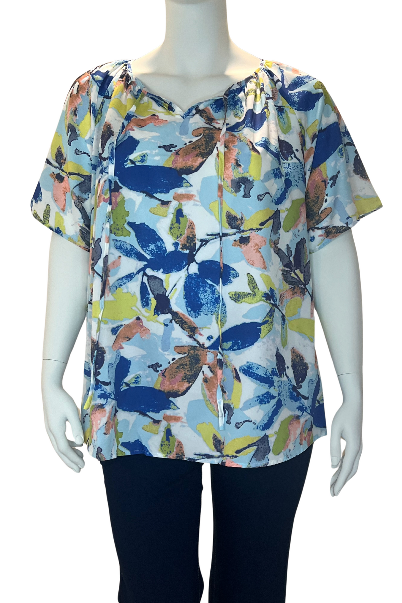 Women's Plant Pattern Blouse wth Tie Neck Feature. Casual Short Sleeve Top, Plus Size Top