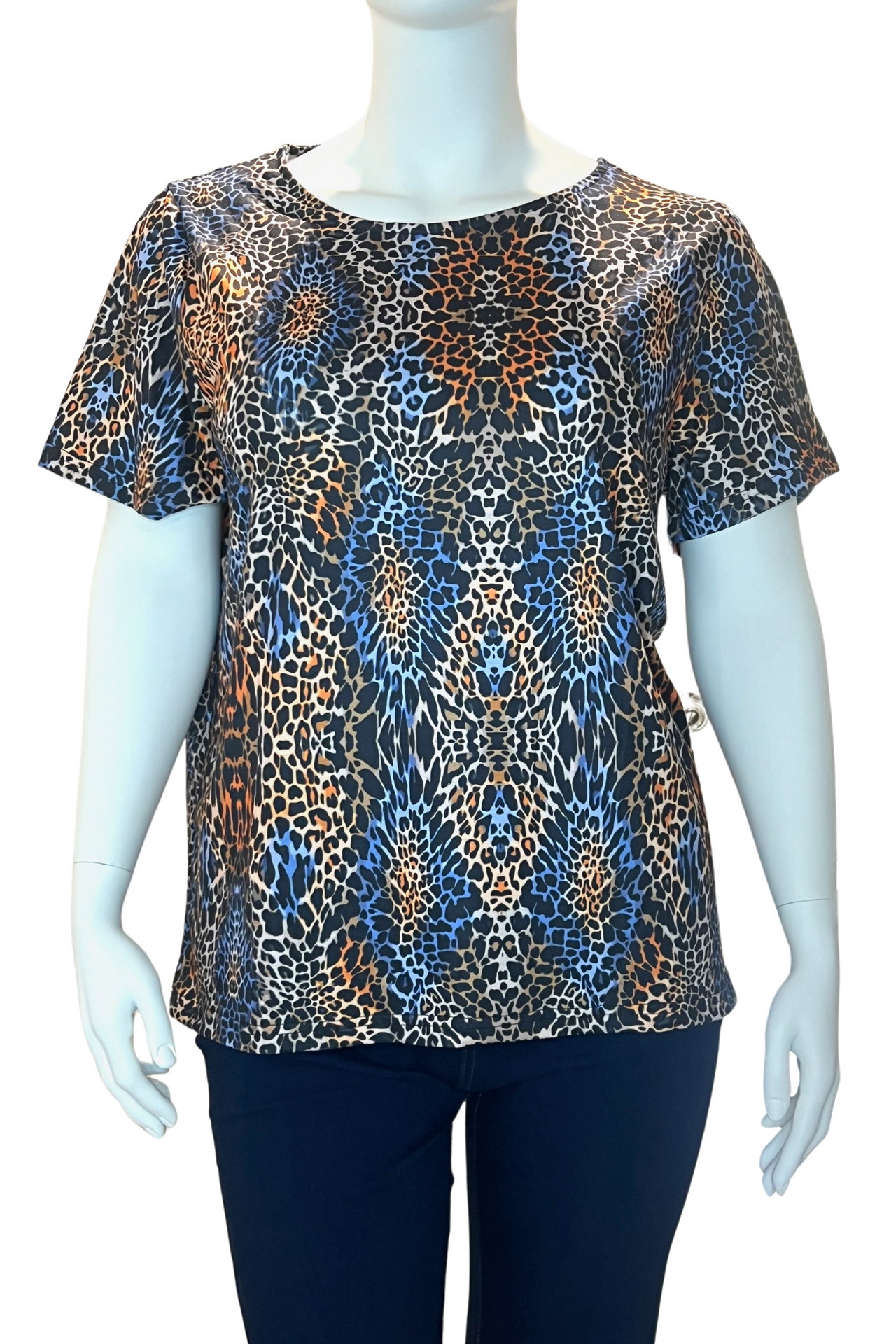 Stunning Blue Tone Leopard Print Crew Neck Plus Size Top, Short Sleeve Women's Top, Casual T-Shirt
