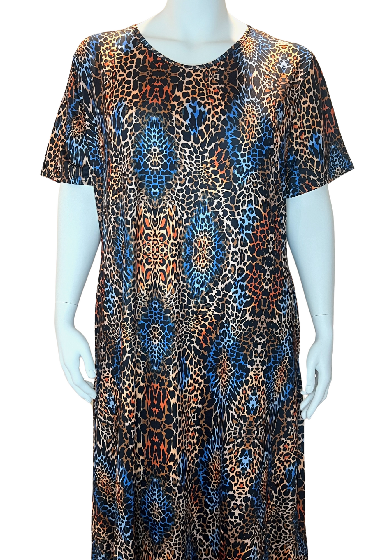 Shop the Spring/Summer Leopard Print Pocket Dress – casual tunic style with short sleeves, crew neck & pockets. Comfortable stretch knit for everyday wear