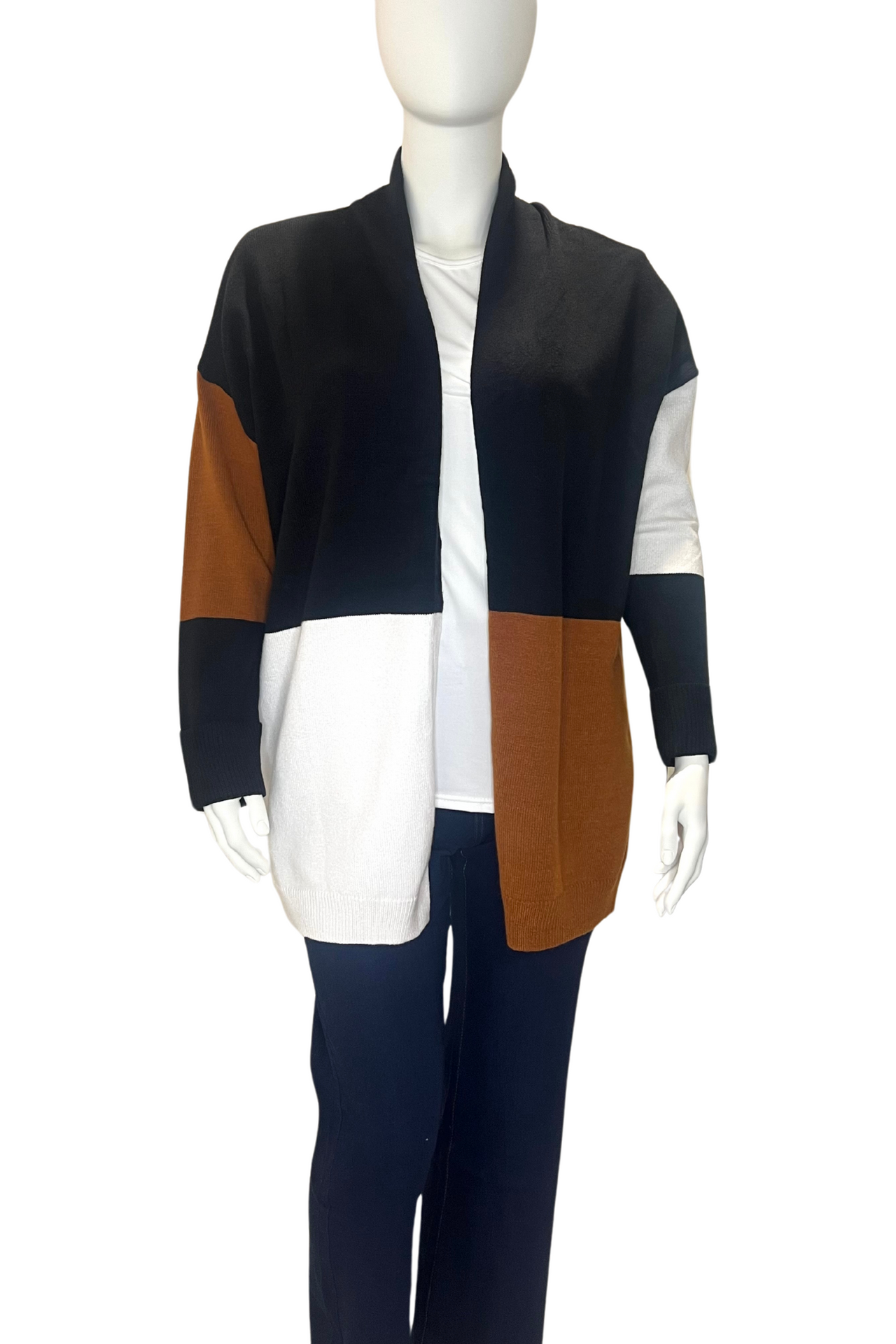 Brown Black and White Colour Block Open Front Womens Plus Size Cardigan