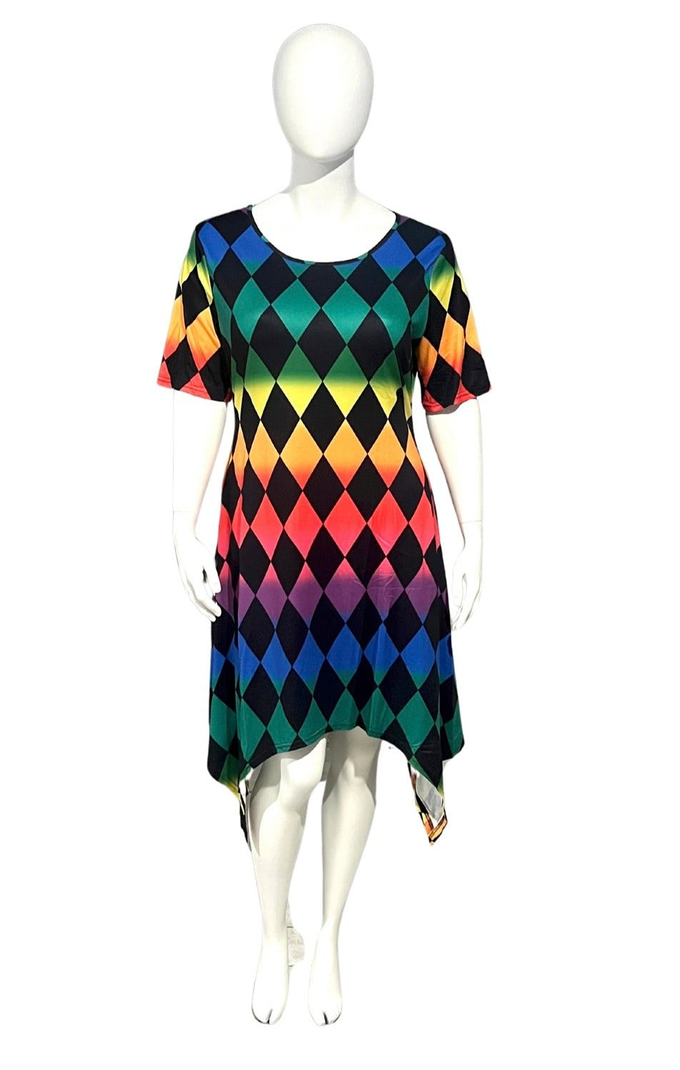 Plus Size Multi Colour Rhomboid Check Printed Dress with Round Neckline