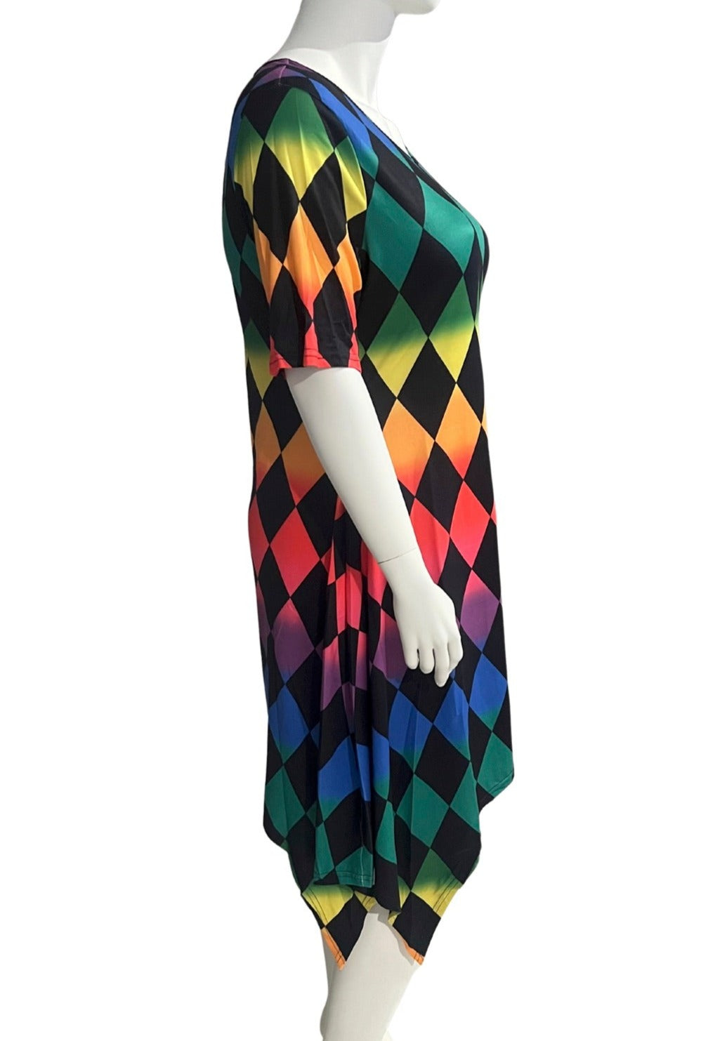 Plus Size Multi Colour Rhomboid Check Printed Dress with Round Neckline