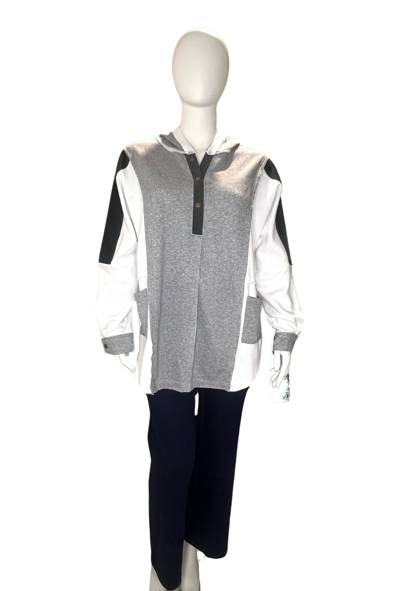Black White &  Grey Plus Size Colour block Curved Hem Henley Hoodie