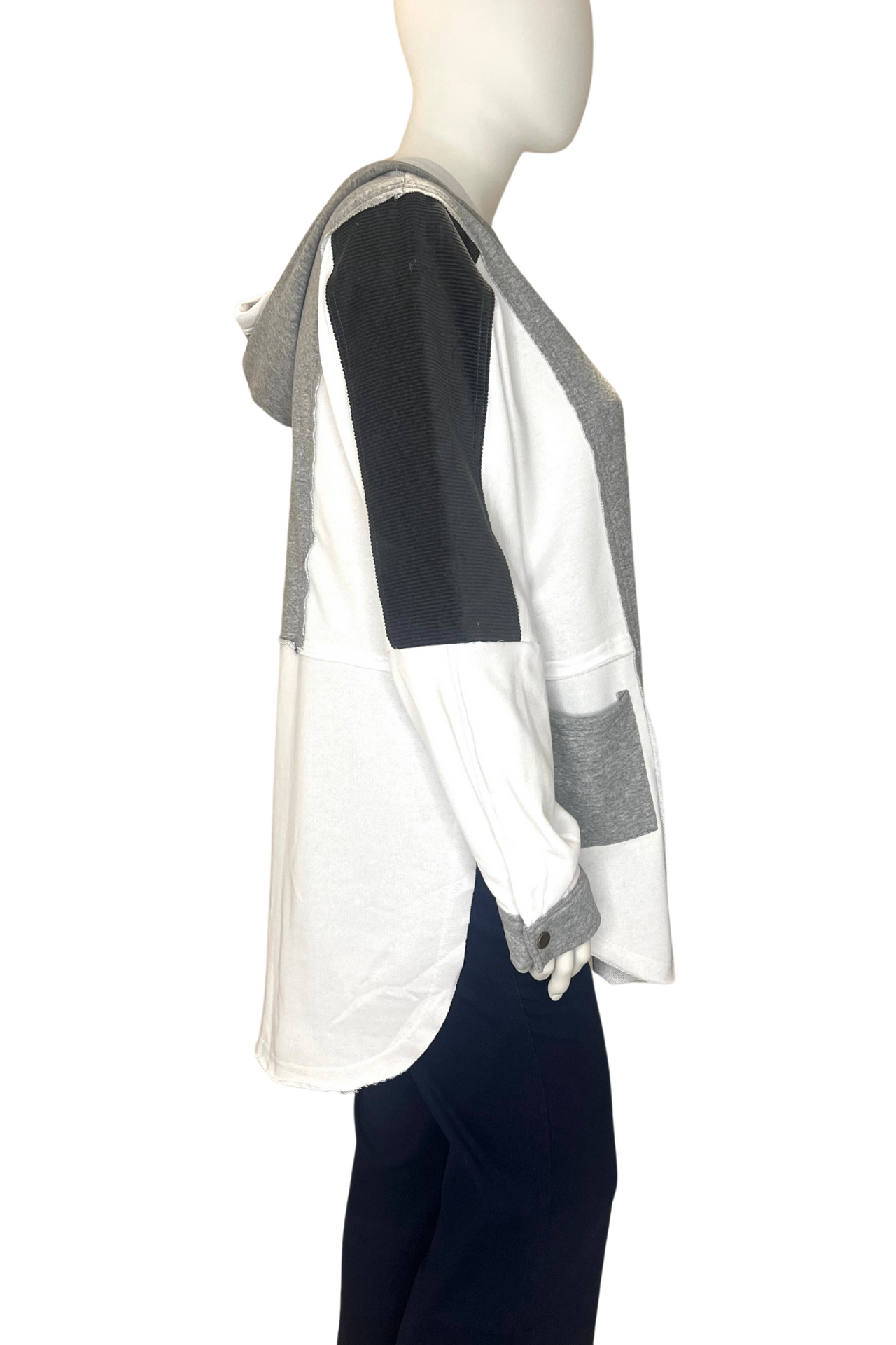 Black White &  Grey Plus Size Colour block Curved Hem Henley Hoodie