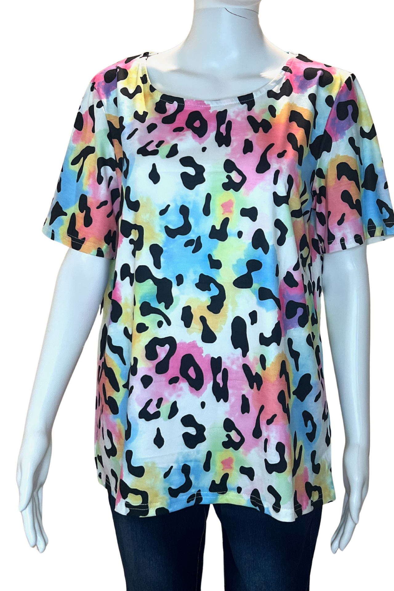 Vibrant Coloured Leopard Print T-Shirt, Women's Top, Casual Crew Neck Top