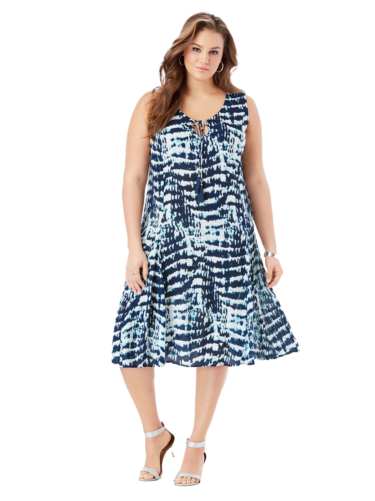 Blue A-Line Crinkle Dress with Tassel Ties Plus Size Dress