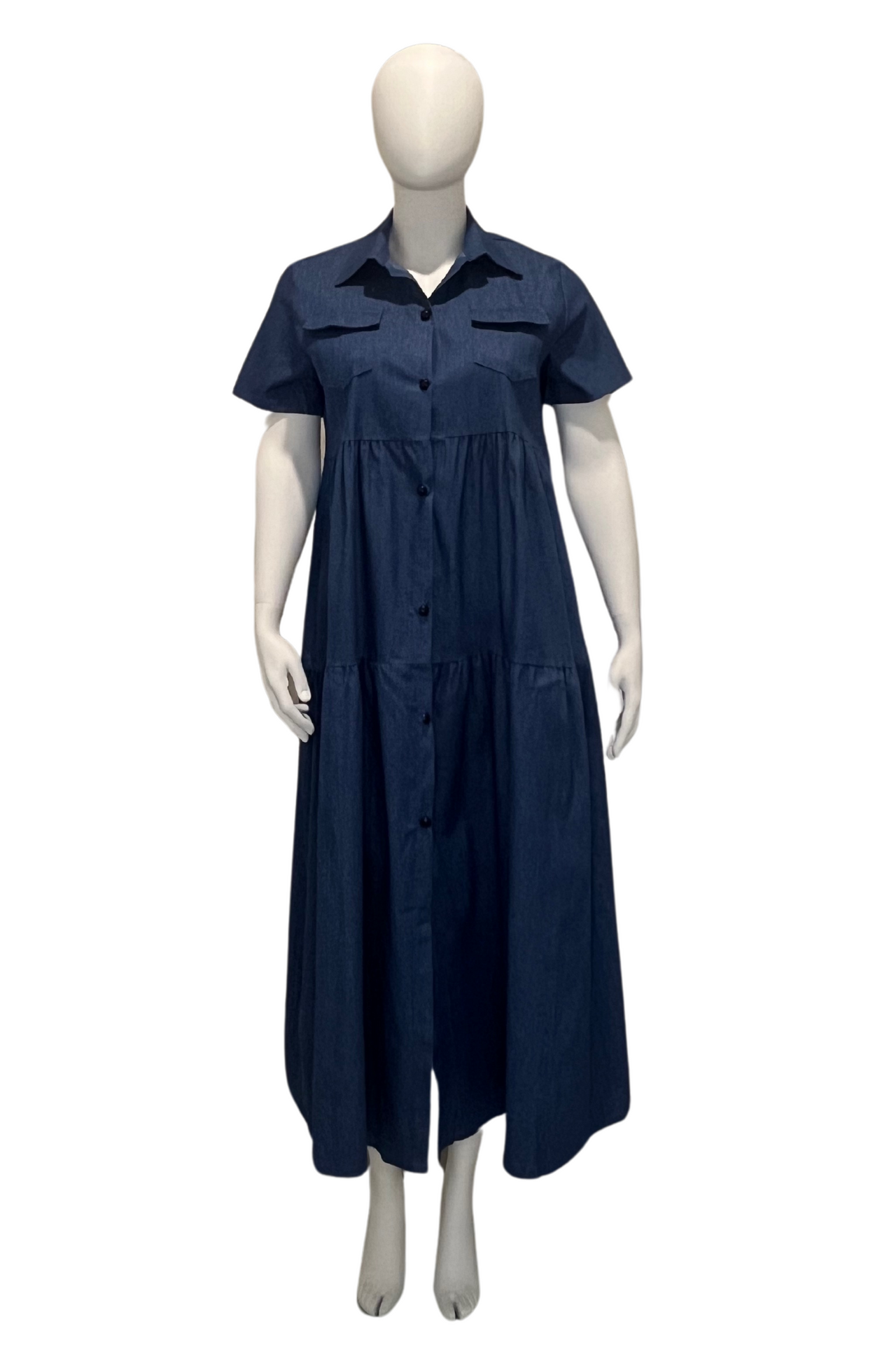 Blue Cotton Denim Plus Size Dress with Short Sleeves Long Plus Size Dress Maxi