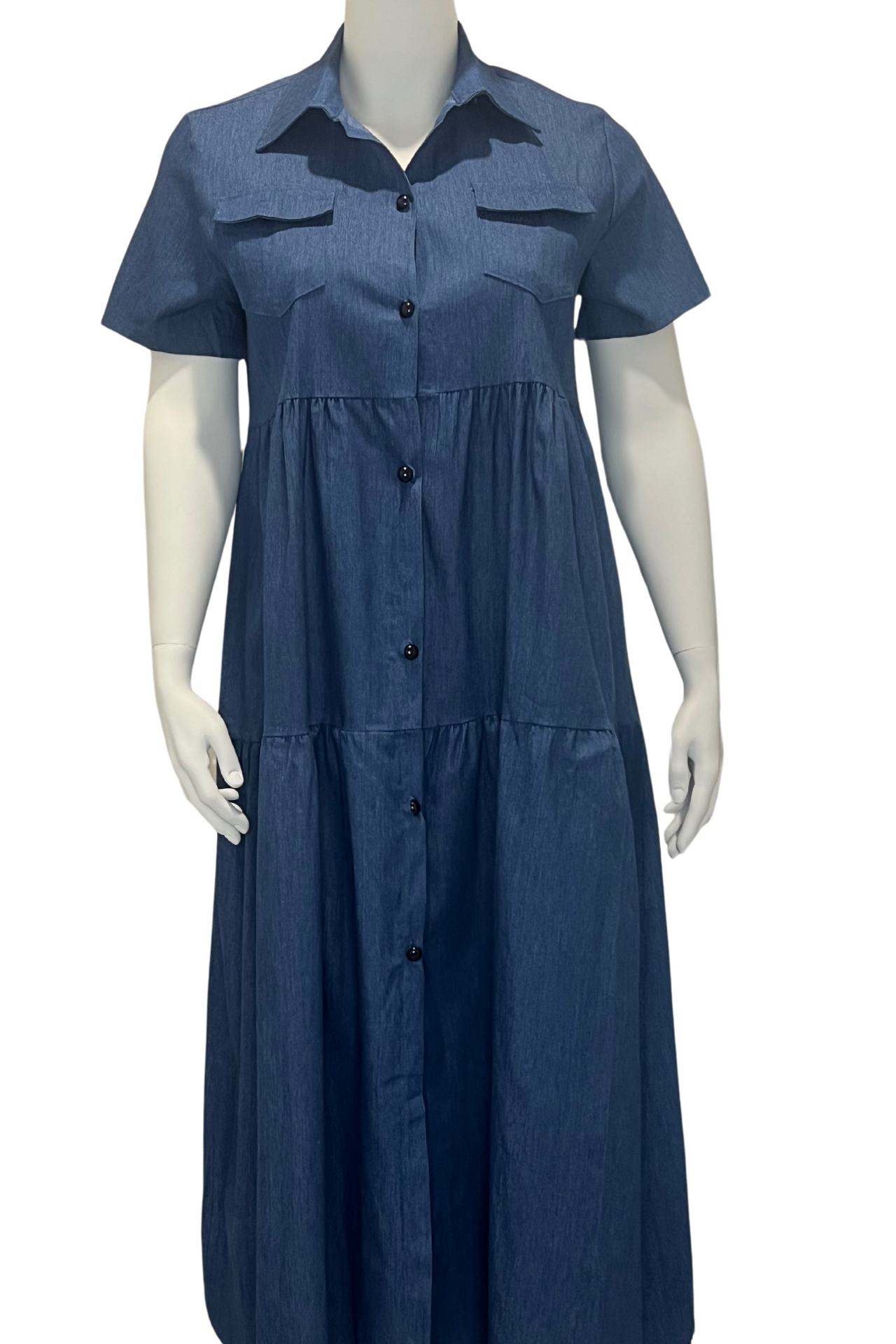Blue Cotton Denim Plus Size Dress with Short Sleeves Long Plus Size Dress Maxi