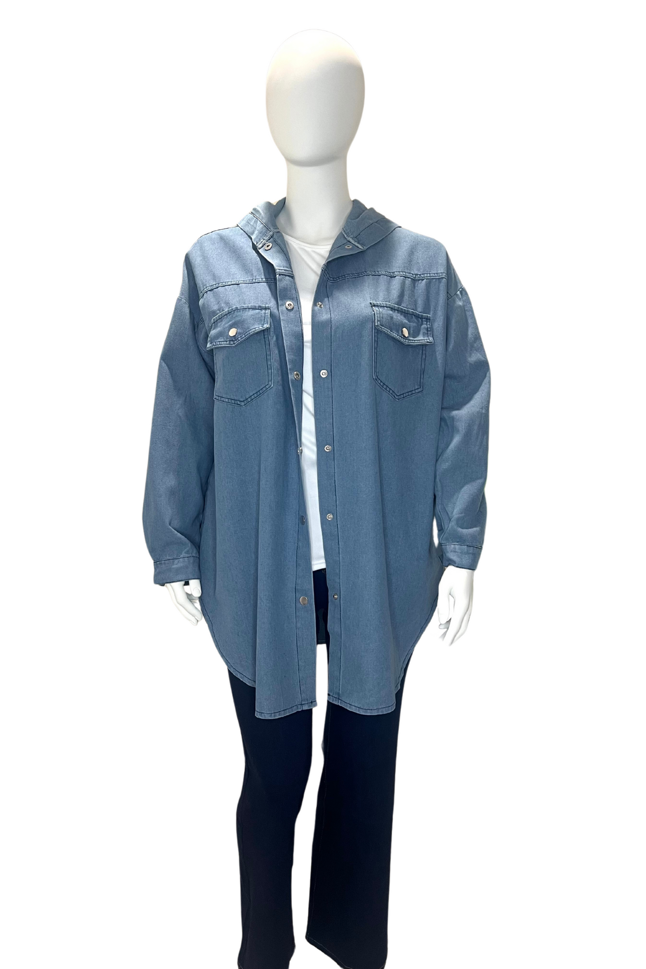 Plus Size Street Style Denim Jacket, Women's Plus Solid Long Sleeve Hooded Button Up Side Split Longline Denim Jacket With Flap Pockets